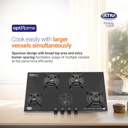 Ultra Optiflame 70%+ Efficient Glass Top Gas Stove 4 Forged Brass Burners,10-Years Warranty onBurners,Manual Ignition, ISICertified.Unique Pansupport&Burner Locking For Easy Cleaning,Spacious Design.