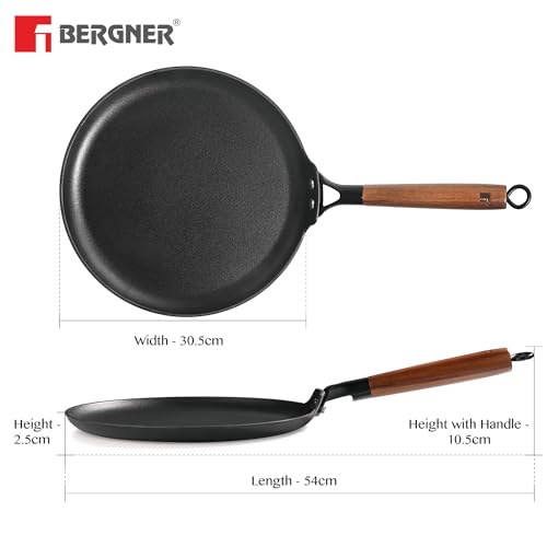 BERGNER Odin 31 cm Cast Iron Dosa Tawa with Wooden Handle, Big Size