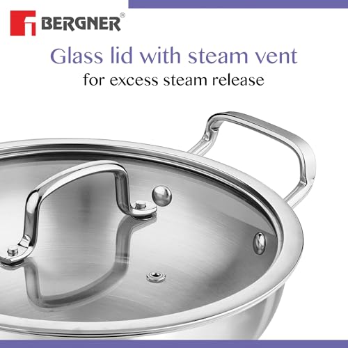 Bergner Tri-Ply Stainless Steel Cookware Set - 24cm Kadai, Steamer with Glass Lid, Induction Compatible
