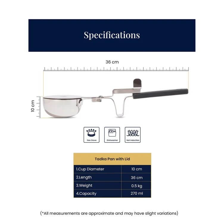 270ml stainless steel tadka pan with lid showing wide cup design and balanced handle for gas stove cooking