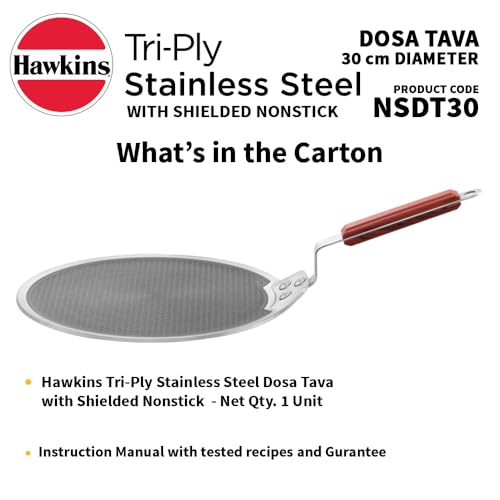 Hawkins 30cm triply nonstick dosa tava with rosewood handle and stainless steel shielded coating