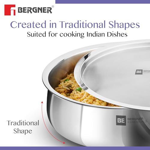 BE Bergner Essentials Tri-Ply Stainless Steel Biryani Handi with Lid, Even Heat Distribution, 5-Year Warranty