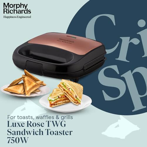 Morphy Richards 750W 3-in-1 Sandwich Maker in rose gold, ideal for toasting, grilling, and making waffles.
