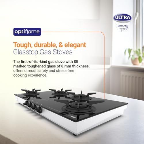 Ultra Optiflame 70%+ Efficient Glass Top Gas Stove 4 Forged Brass Burners,10-Years Warranty onBurners,Manual Ignition, ISICertified.Unique Pansupport&Burner Locking For Easy Cleaning,Spacious Design.