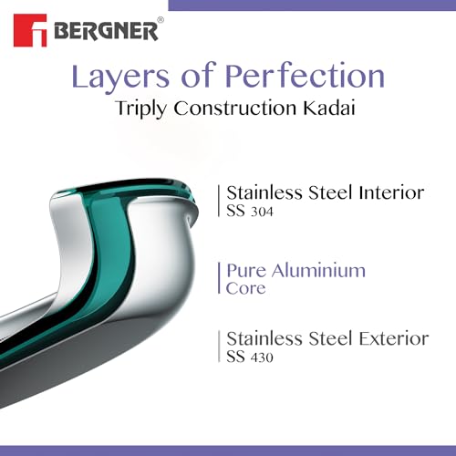 Bergner Tri-Ply Stainless Steel Cookware Set - 24cm Kadai, Steamer with Glass Lid, Induction Compatible