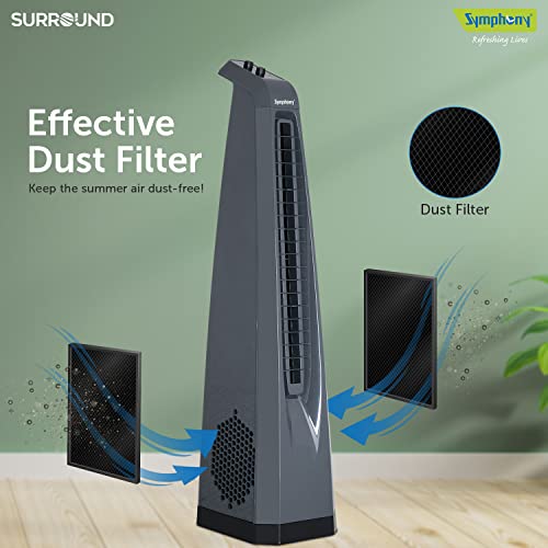 Symphony Surround High Speed Bladeless Technology Tower Fan for Home With Swivel Action, Dust Filter, and Low Power Consumption (Grey)