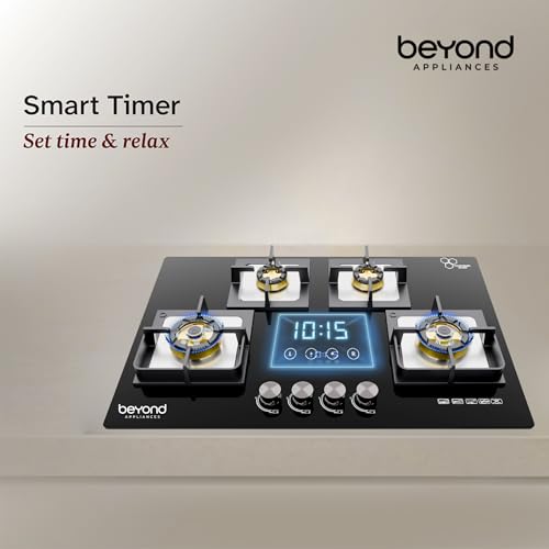 Gas stove with digital timer display on a beige background, featuring 'beyond appliances' branding.