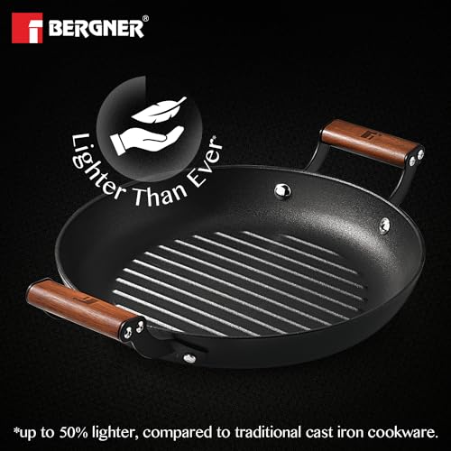 BERGNER Odin 28 cm Cast Iron Grill Plate, Round Grilled Plate with Wooden Coated Handle