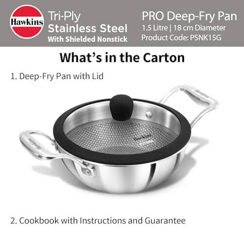 Hawkins Pro 1.5L Triply Kadhai with Stainless Steel Handles and Glass Lid - Induction & Gas Compatible.
