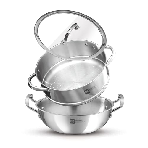 Bergner Tri-Ply Stainless Steel Cookware Set - 24cm Kadai, Steamer with Glass Lid, Induction Compatible
