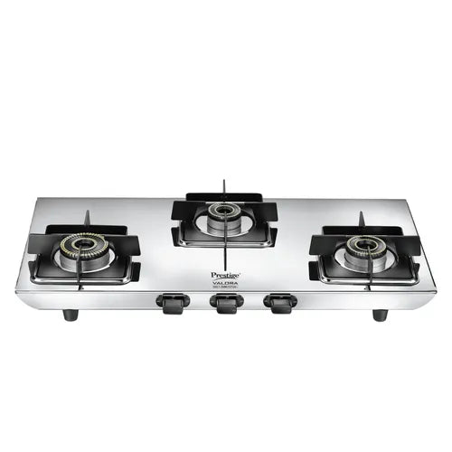 Prestige Valora 3 burner stainless steel gas stove with designer forged brass burners front view