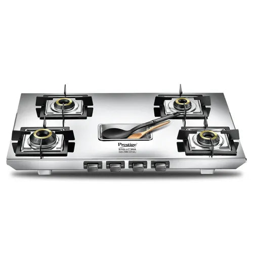 Prestige Stellora 04 4 burner stainless steel gas stove front view with brass burners