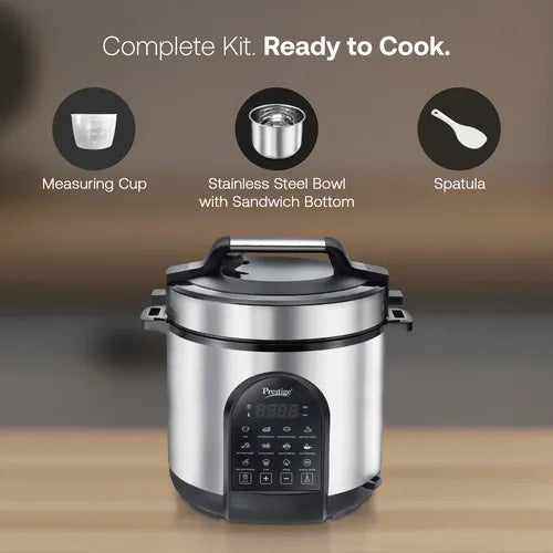 Silver Prestige electric pressure cooker with 11 preset Indian cooking menus