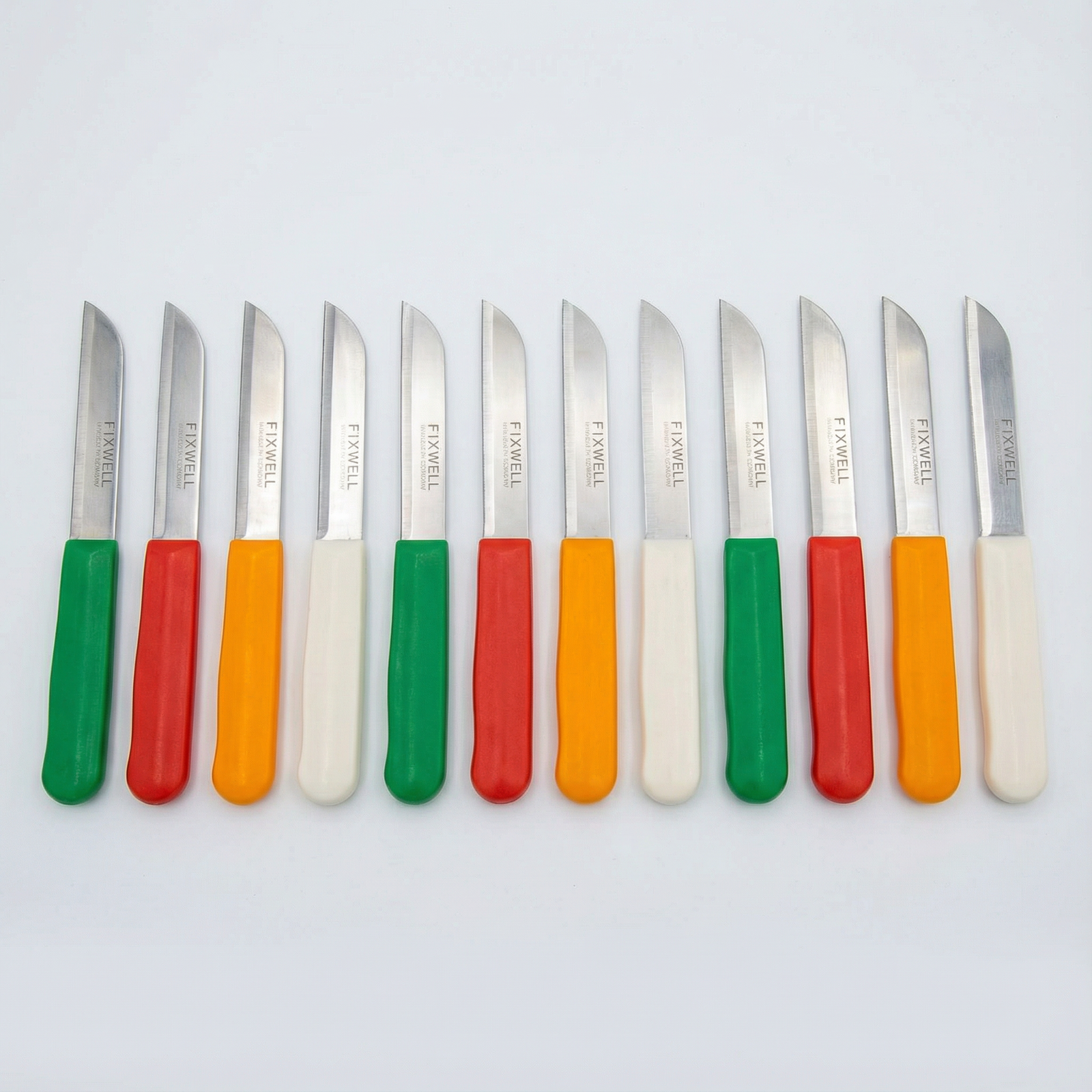fixwell knives made in germany Set of knives with colorful handles on a white background