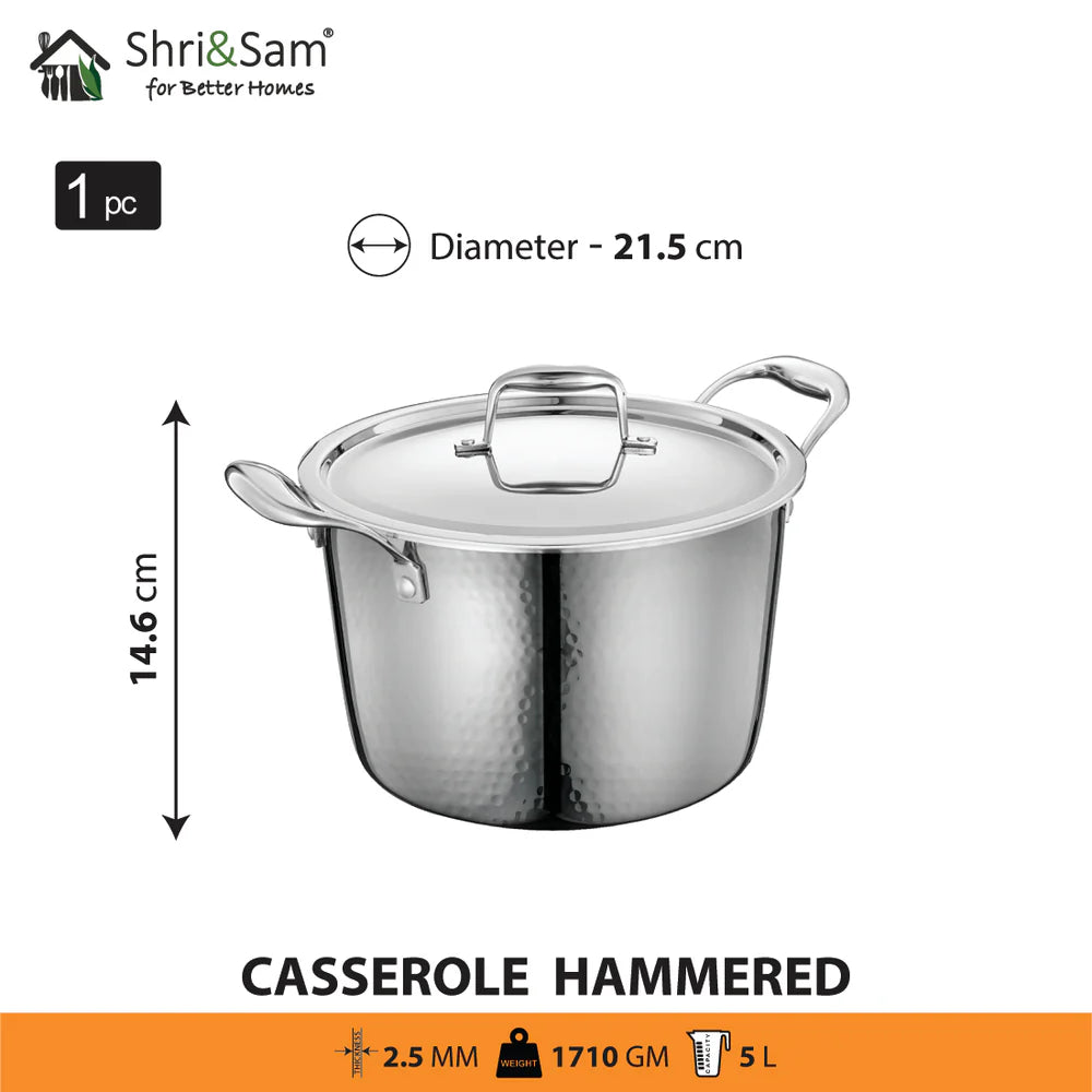 Shri and Sam hammered finish stainless steel casserole triply construction India 5 litres
