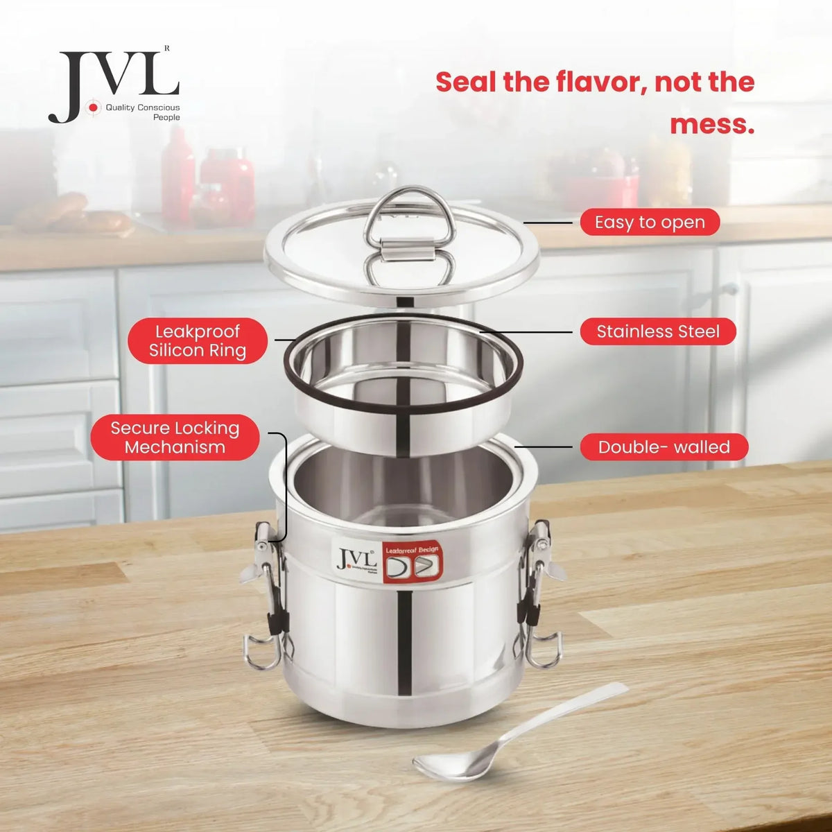 JVL Classicware Stainless Steel Insulated Hot Lunch Jar | Double-Wall | Leak-Proof | Spoon & Carry Bag