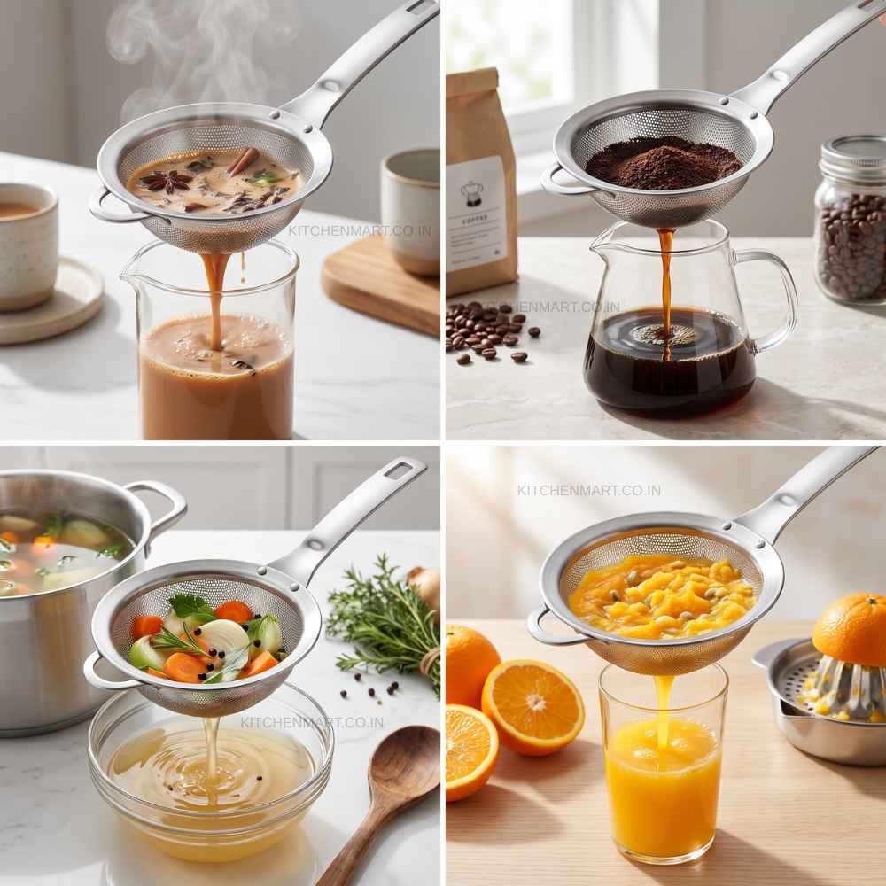 KitchenMart Shengya Stainless Steel Tea Strainer with Handle – SUS304 18/8 Steel (3 Sizes)