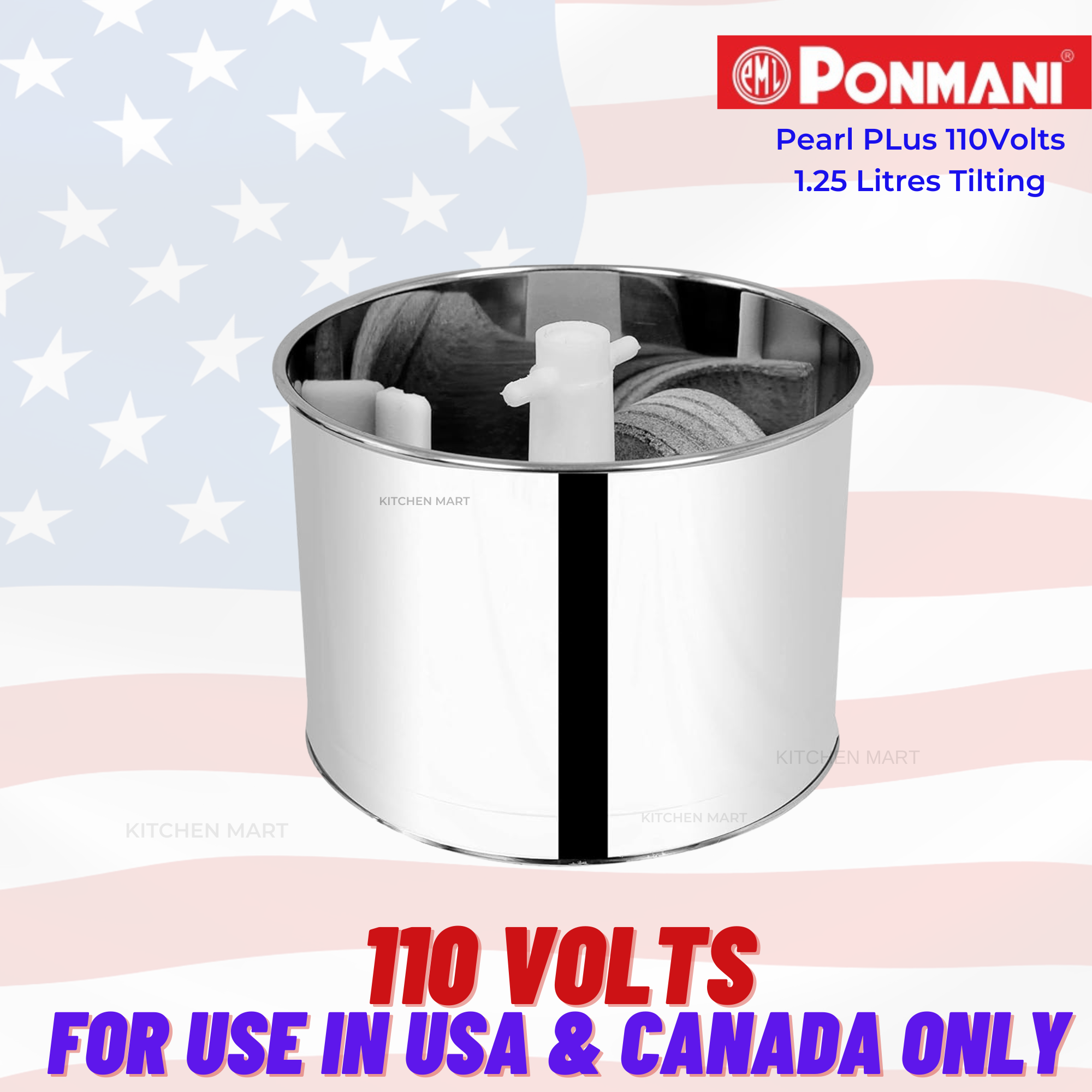 Ponmani Pearl Plus Mini Wet Grinder - 1.25L Capacity, Table Top Tilting Design, 150W Motor, 110Volts for use in USA & Canada only