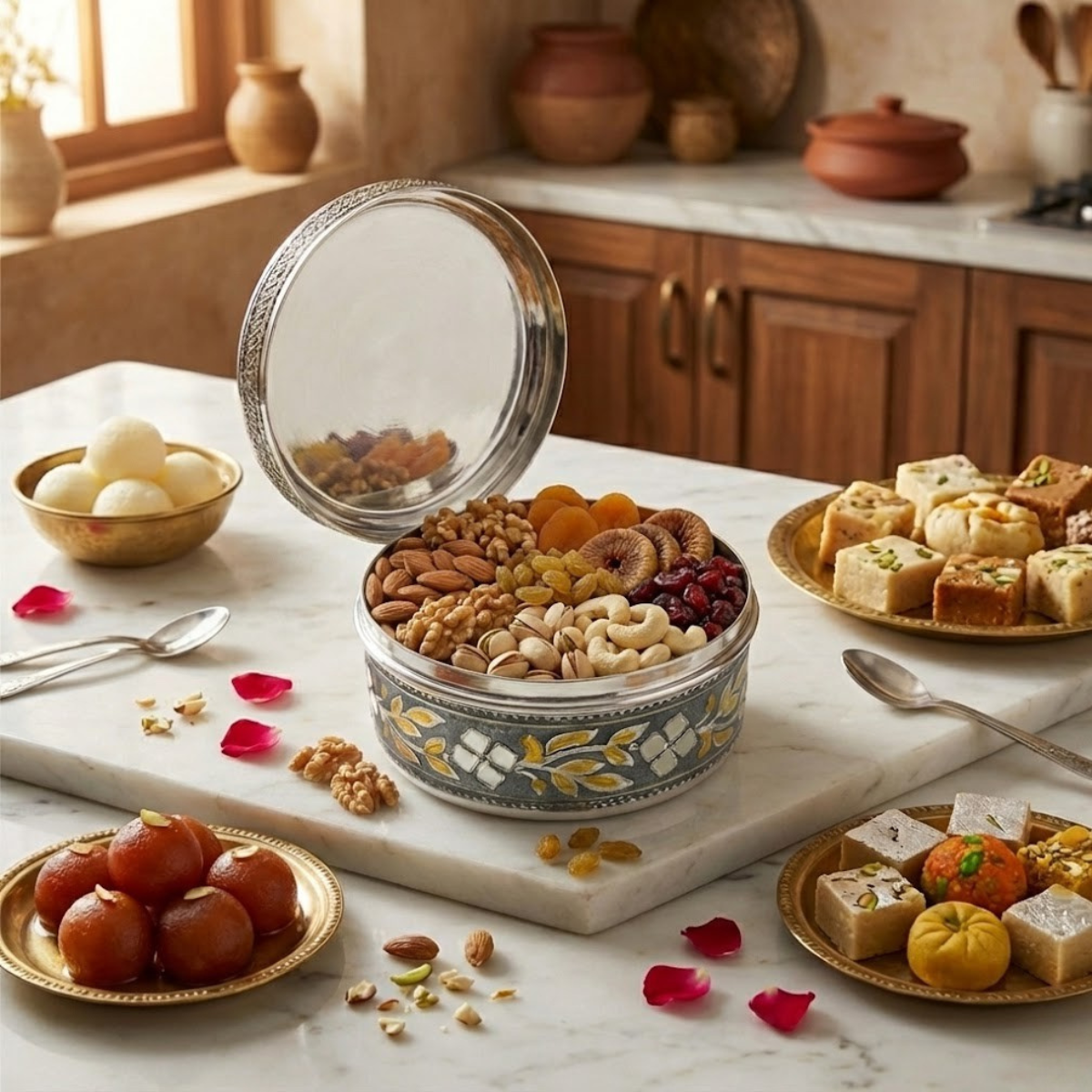 Kitchen Mart Antique Deep Puri Box Steel Traditional Indian Gift