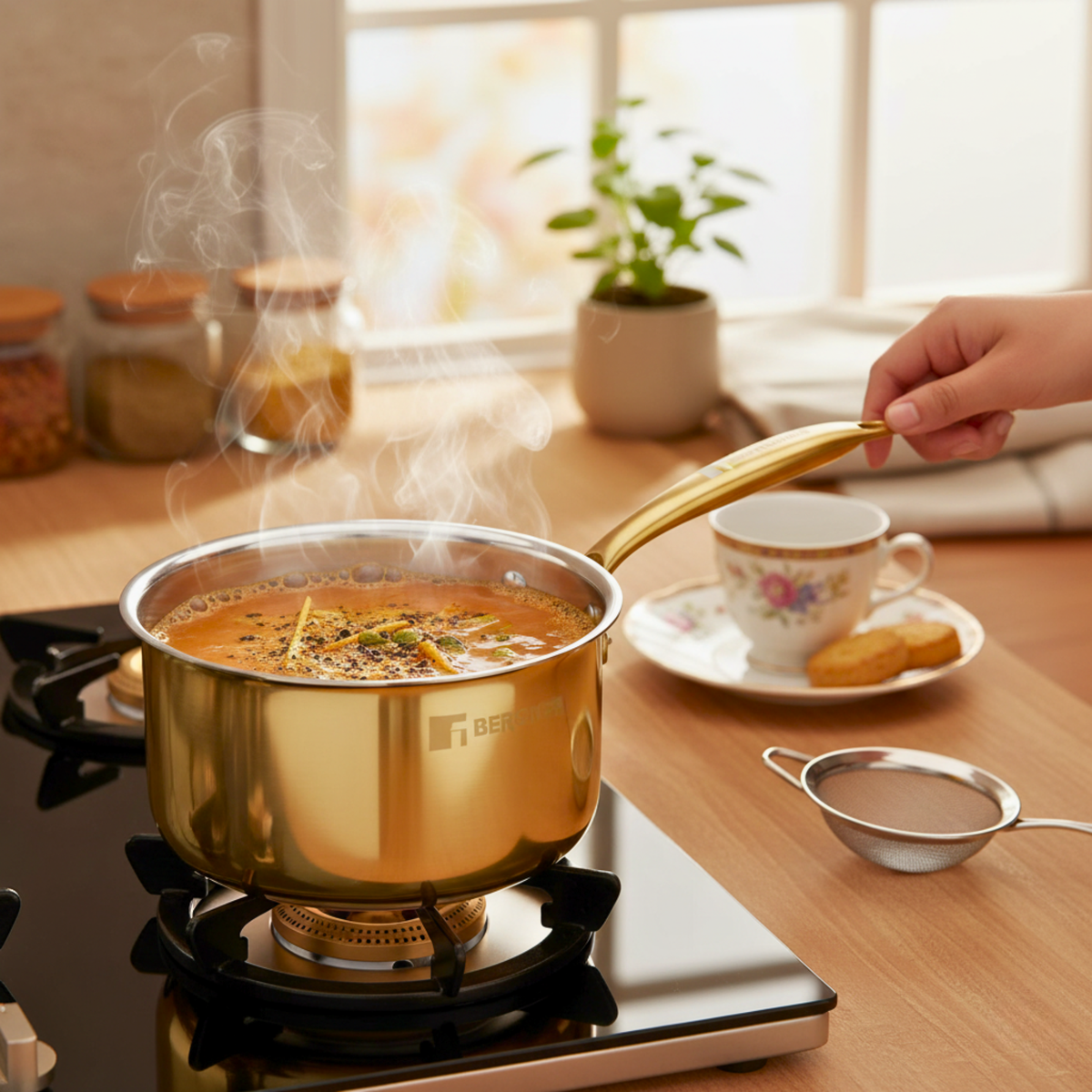 Bergner Peetlam 1.6L brass cookware with ergonomic PVD handle with boiling tea