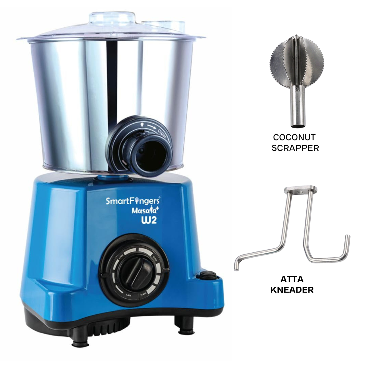 SmartFingers Masala + ' W2 ' Table Top Masala Wet Grinder 230V 50hz, 2 Liter, Blue with atta kneader and coconut scrapper