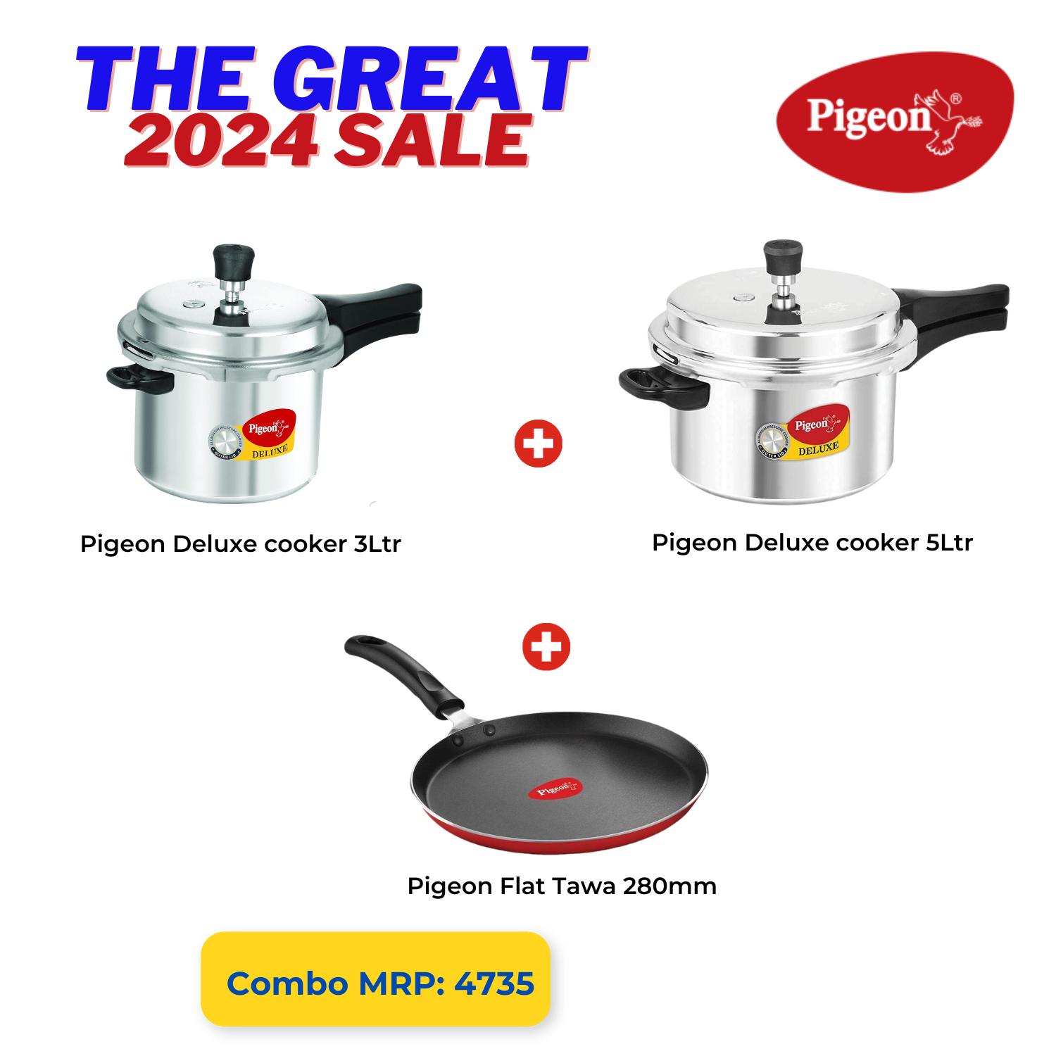 Pigeon The Great 2024 Sale: Aluminium Pressure Cooker 3L + 5L Set with Flat Tawa 280 🌟🎁 - Limited Stock! 🏃‍♂️💨