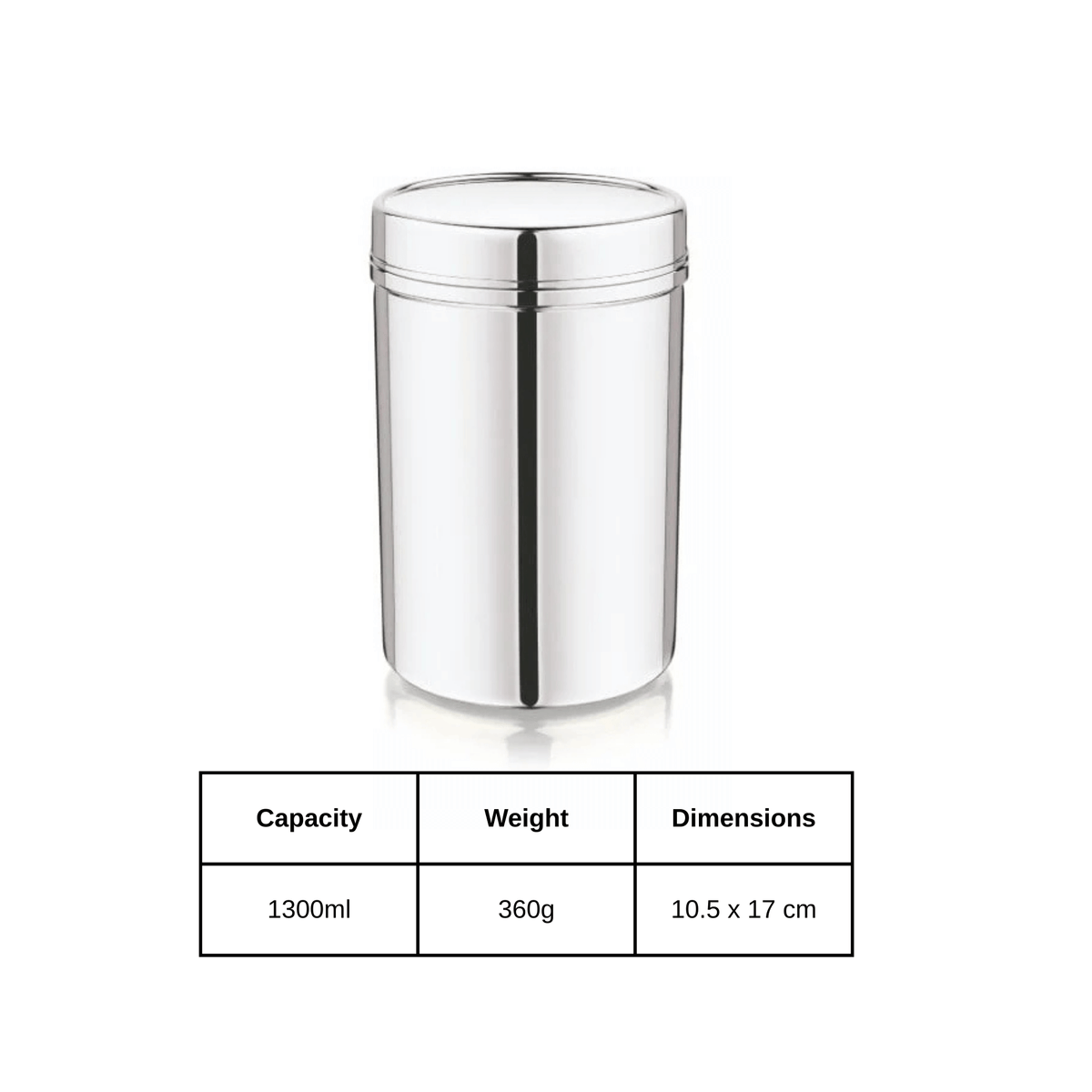 Mukti 1300ml stainless steel kitchen storage jar canister, food-grade, airtight, mirror polished finish.