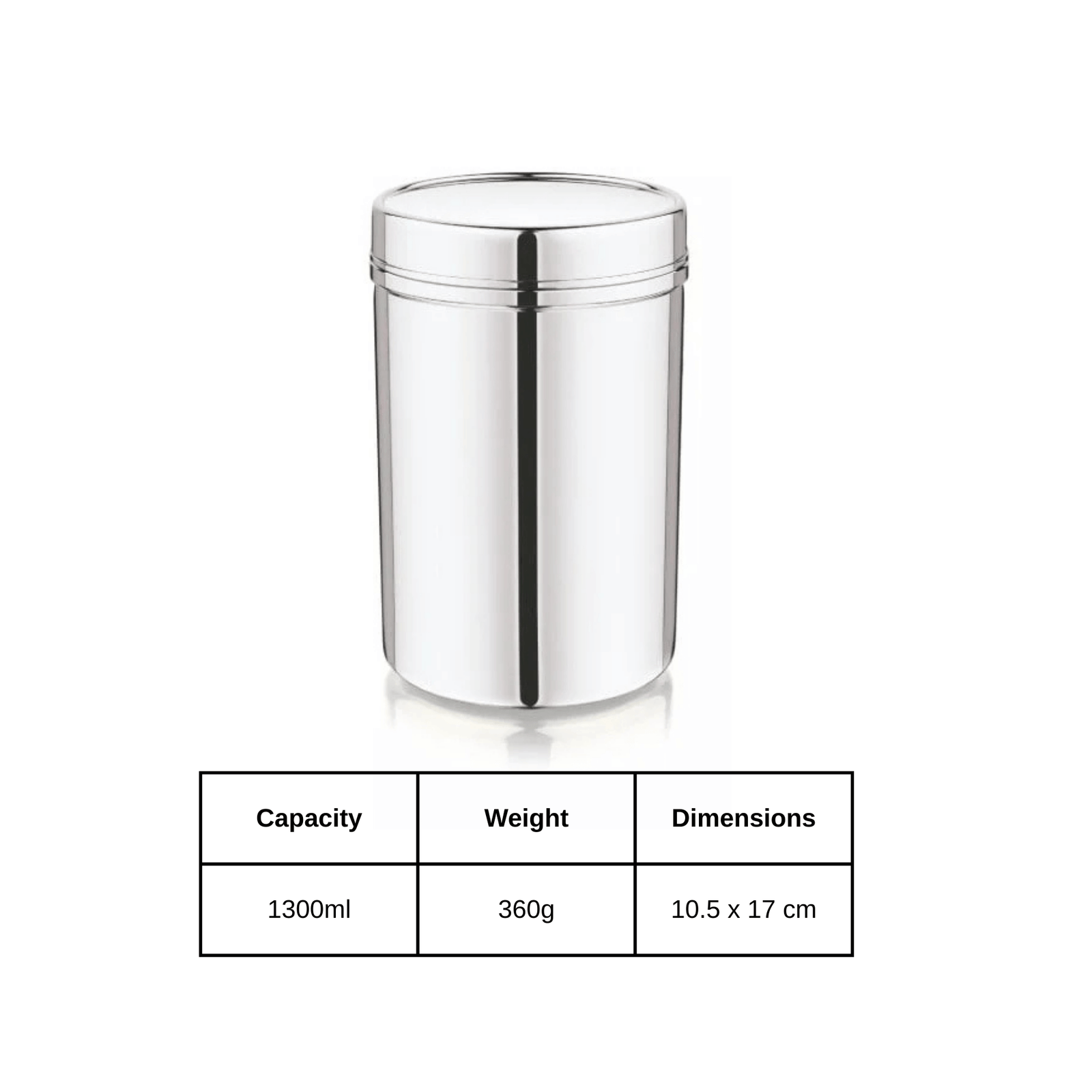 Mukti 1300ml stainless steel kitchen storage jar canister, food-grade, airtight, mirror polished finish.