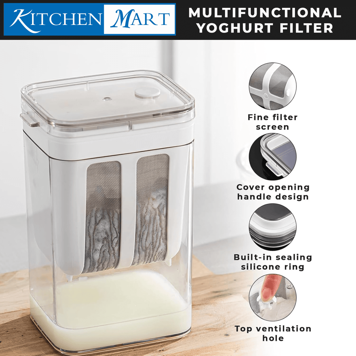 Complete yogurt straining system with steel mesh, lid, and bowl for making Greek yogurt at home