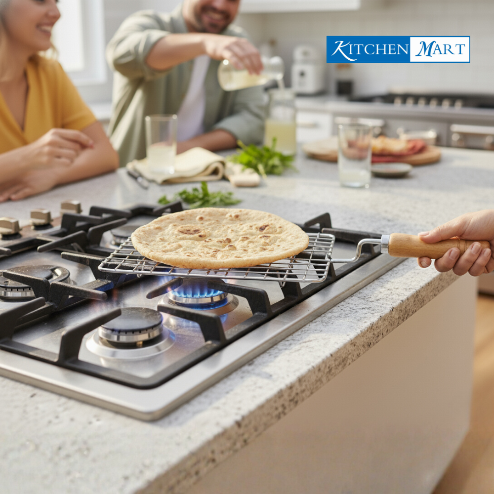 Stainless steel papad making mesh roaster with ergonomic wooden handle for gas stove use