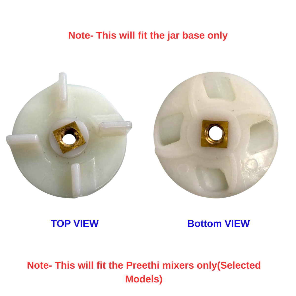 Preethi jar base coupler bottom view with four-fin design and brass square insert