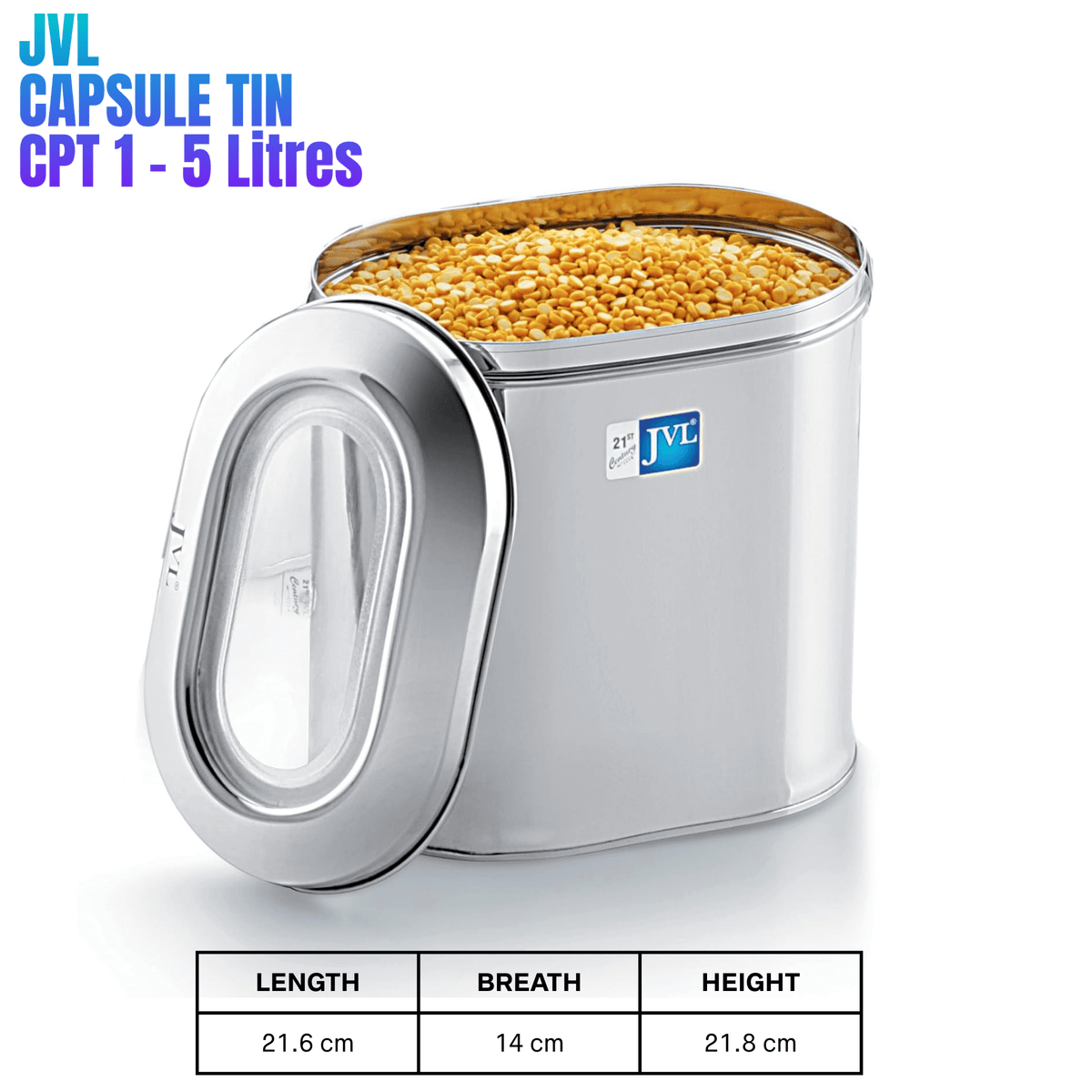 JVL stainless steel capsule tin food storage container with a see-through lid, showing contents and dimensions.