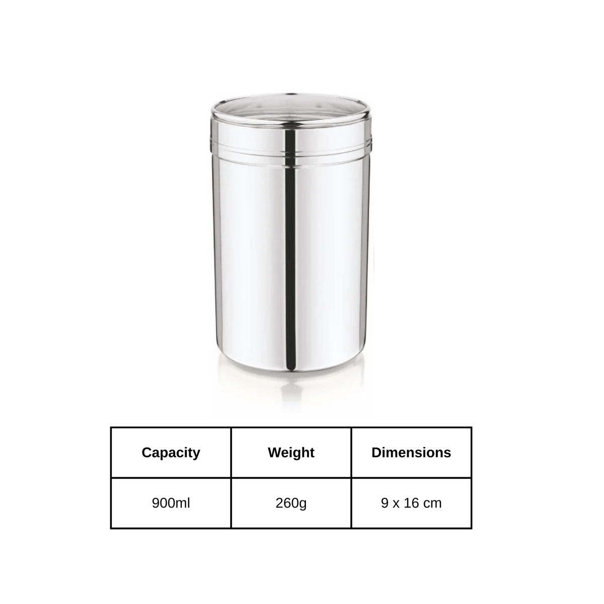 Mukti stainless steel kitchen storage jar with see-through lid, capacity 900ml, dimensions 9x16cm, rust-proof design.