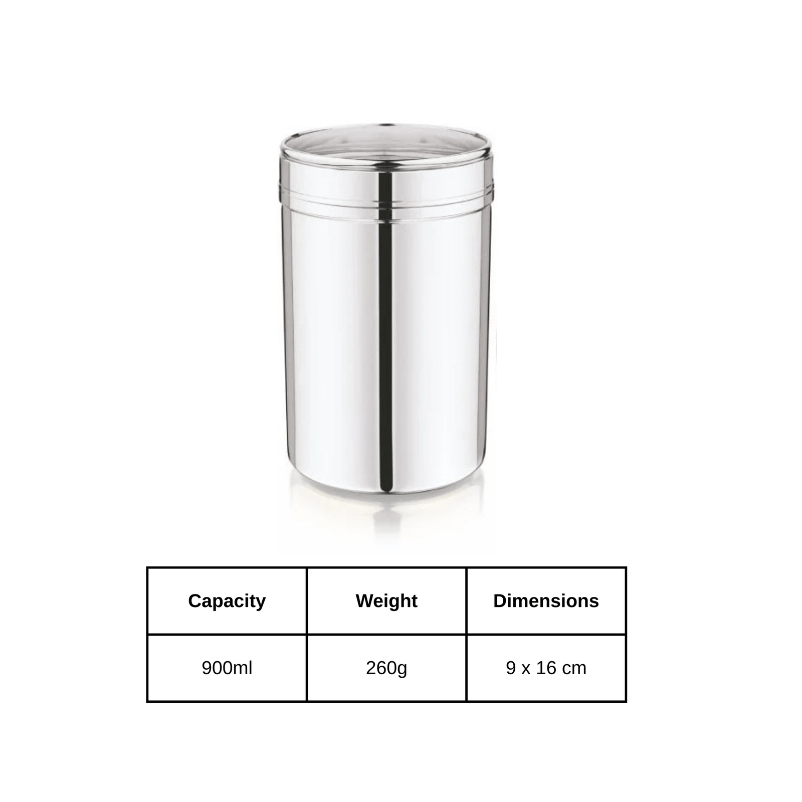 Mukti stainless steel kitchen storage jar with see-through lid, capacity 900ml, dimensions 9x16cm, rust-proof design.