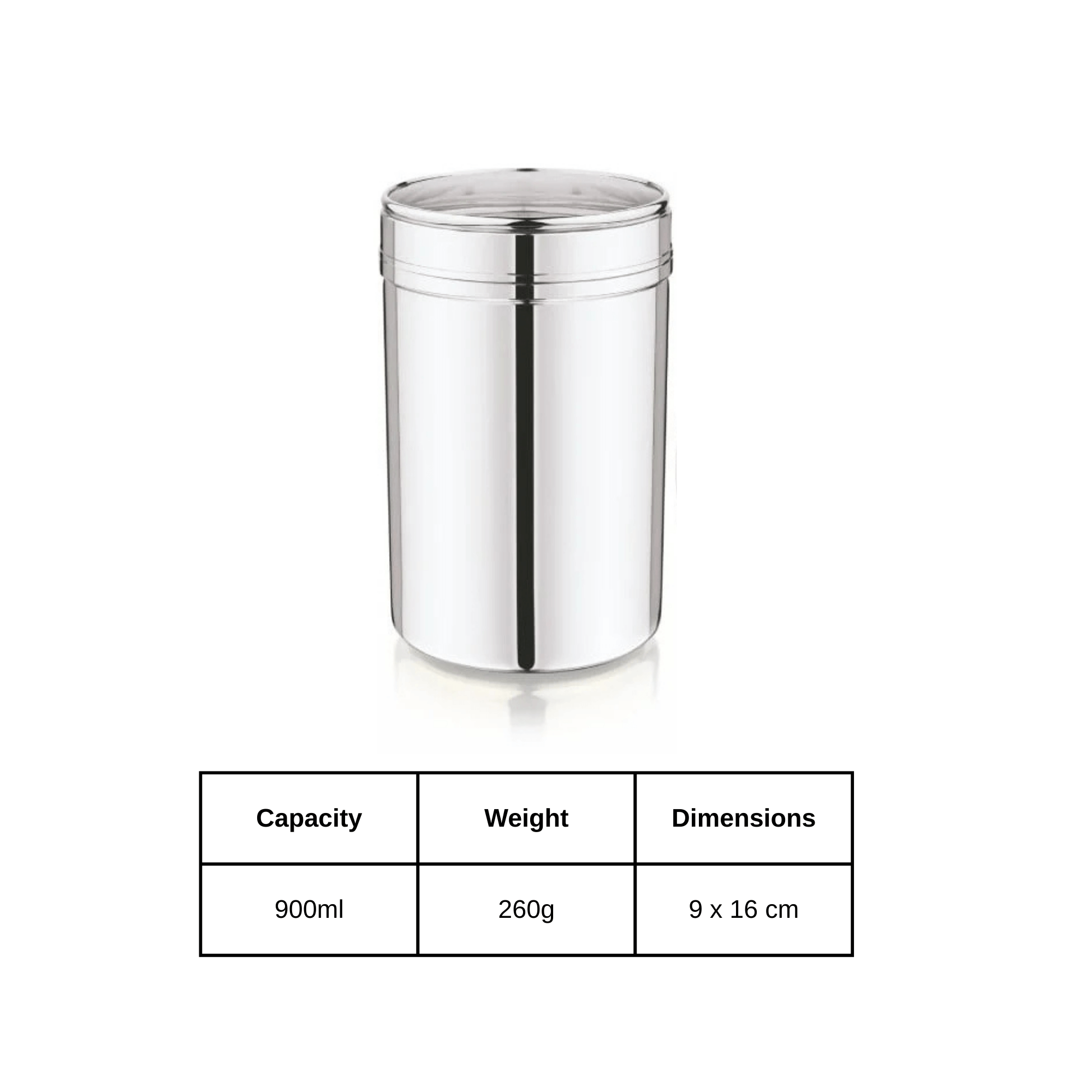 Mukti stainless steel kitchen storage jar with see-through lid, capacity 900ml, dimensions 9x16cm, rust-proof design.
