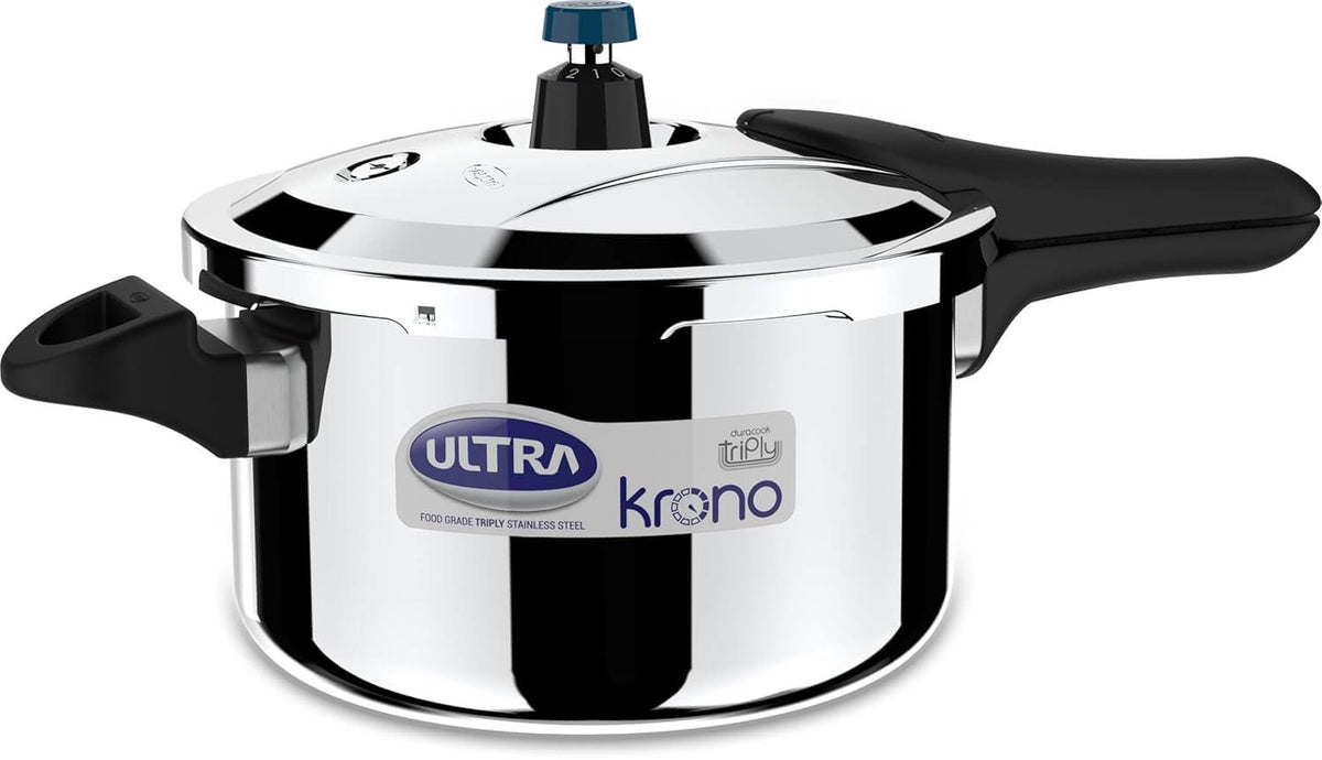 Ultra Triply Krono Pressure Cooker with Whistle Counter - AISI 304 stainless steel, patented technology for precise cooking.