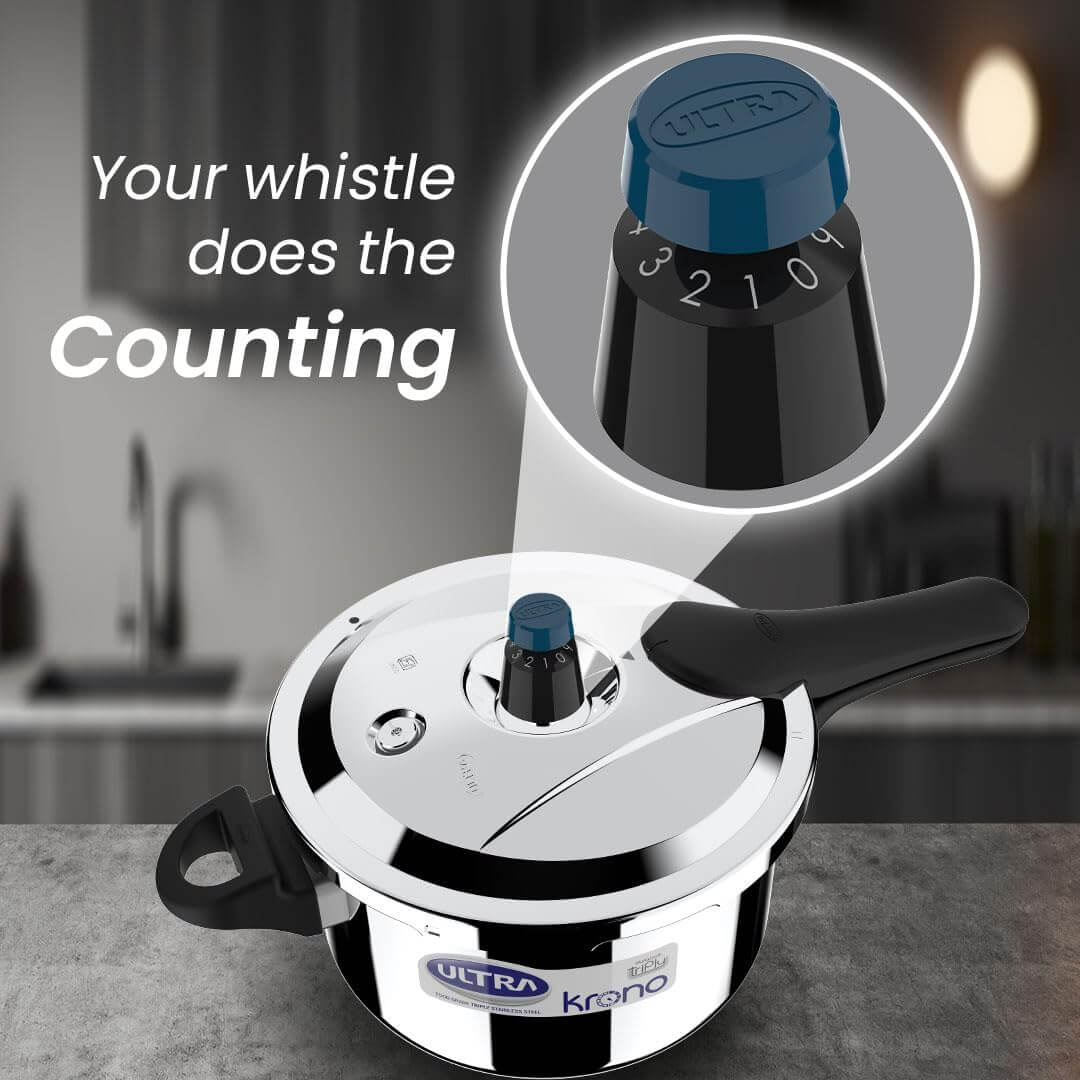 Ultra Triply Krono Pressure Cooker with whistle counter for precise cooking timing and convenience.