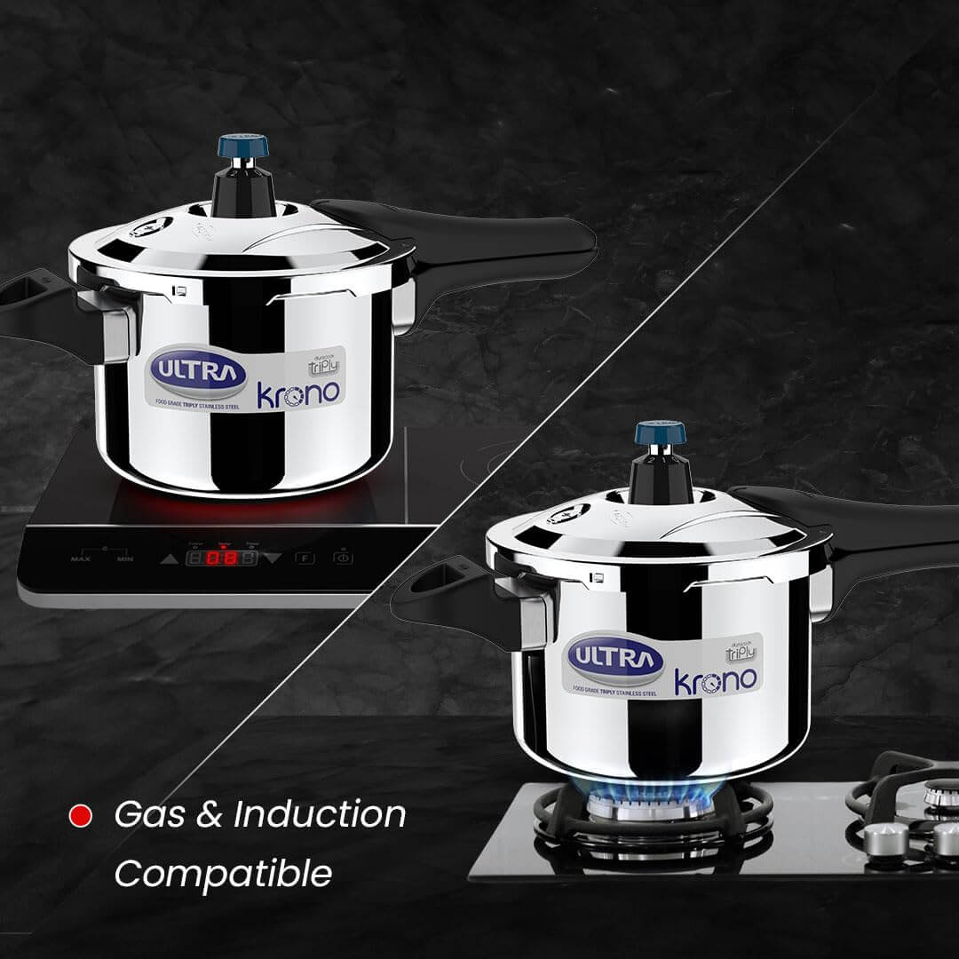 Ultra Triply Krono Pressure Cooker - AISI 304 Steel, gas and induction compatible, with patented whistle counter technology.
