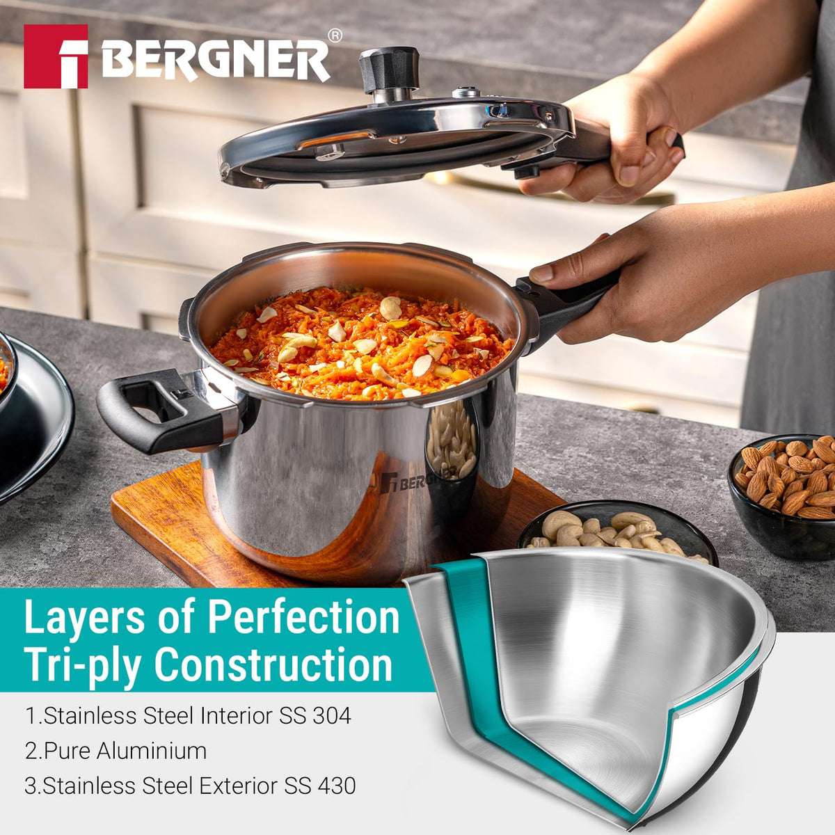 Bergner Argent Classic Triply Stainless Steel Pressure Cooker - Premium Quality