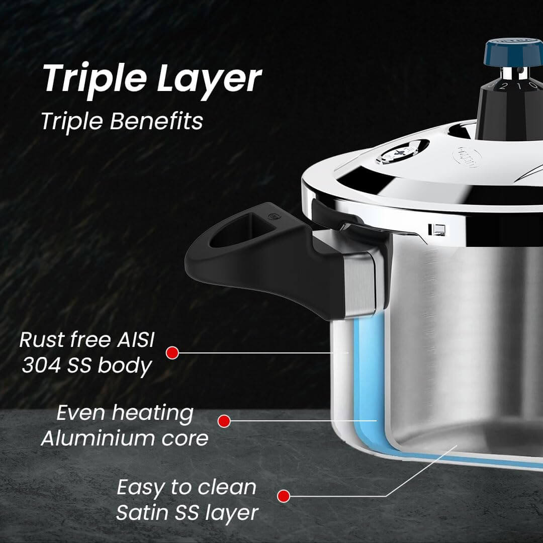 Ultra Triply Krono Pressure Cooker features triple-layer AISI 304 stainless steel, aluminum core, and easy-to-clean satin finish.