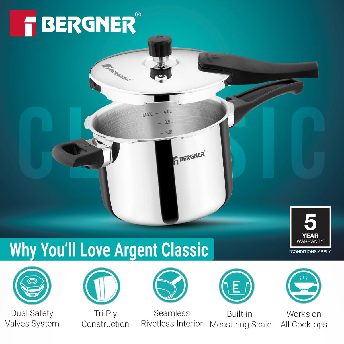 Bergner Argent Classic Triply Stainless Steel Pressure Cooker - Premium Quality