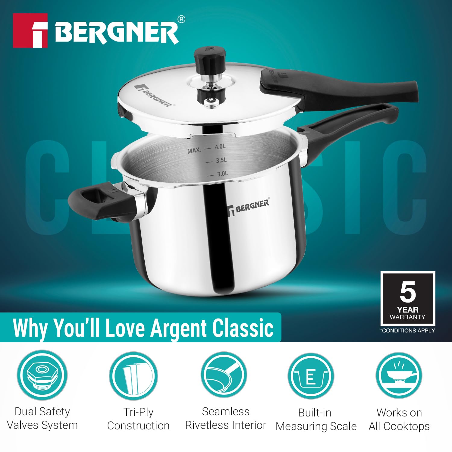Bergner Argent Classic Triply Stainless Steel Pressure Cooker - Premium Quality