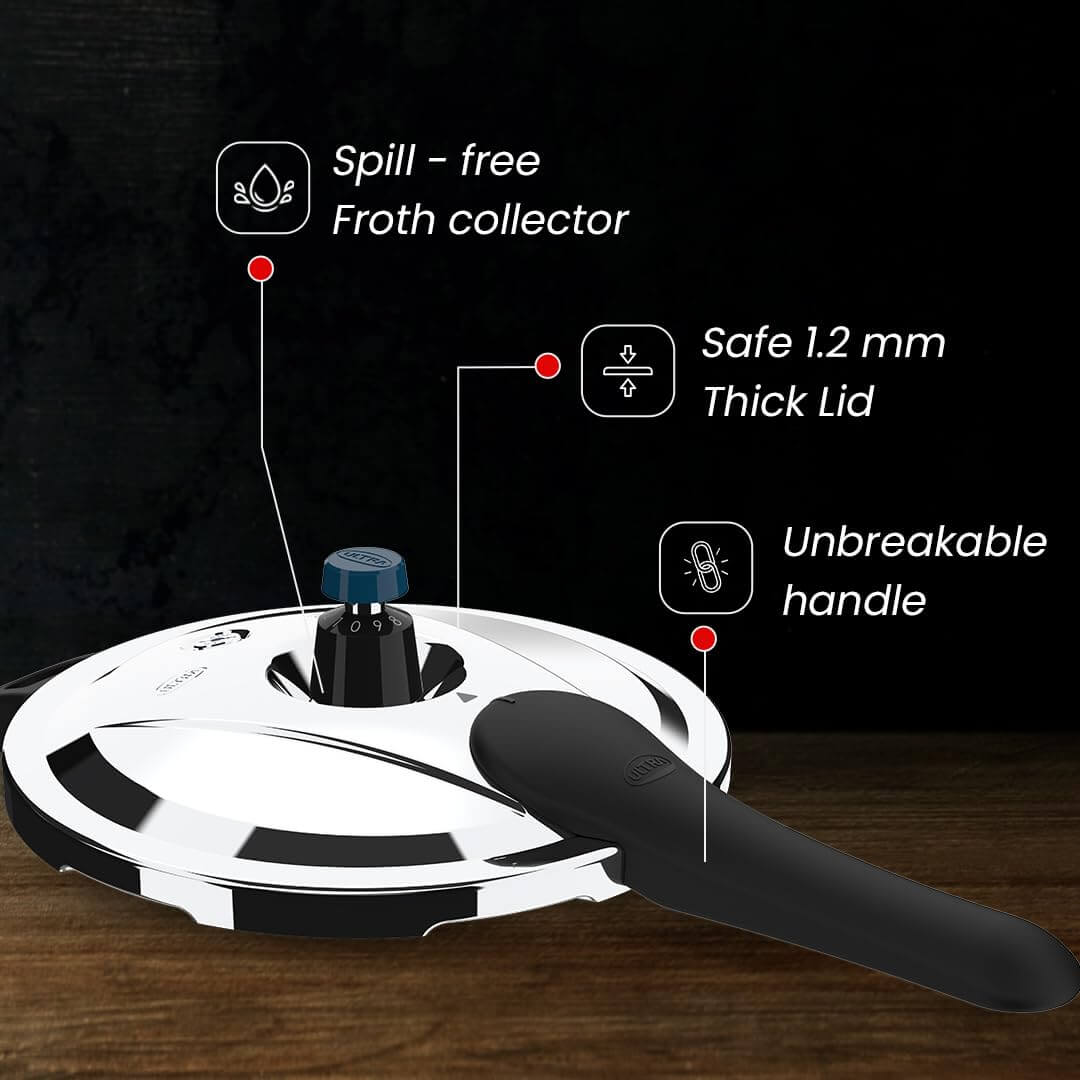 Ultra Triply Krono Pressure Cooker lid features spill-free froth collector, 1.2 mm thick lid, and unbreakable handle.