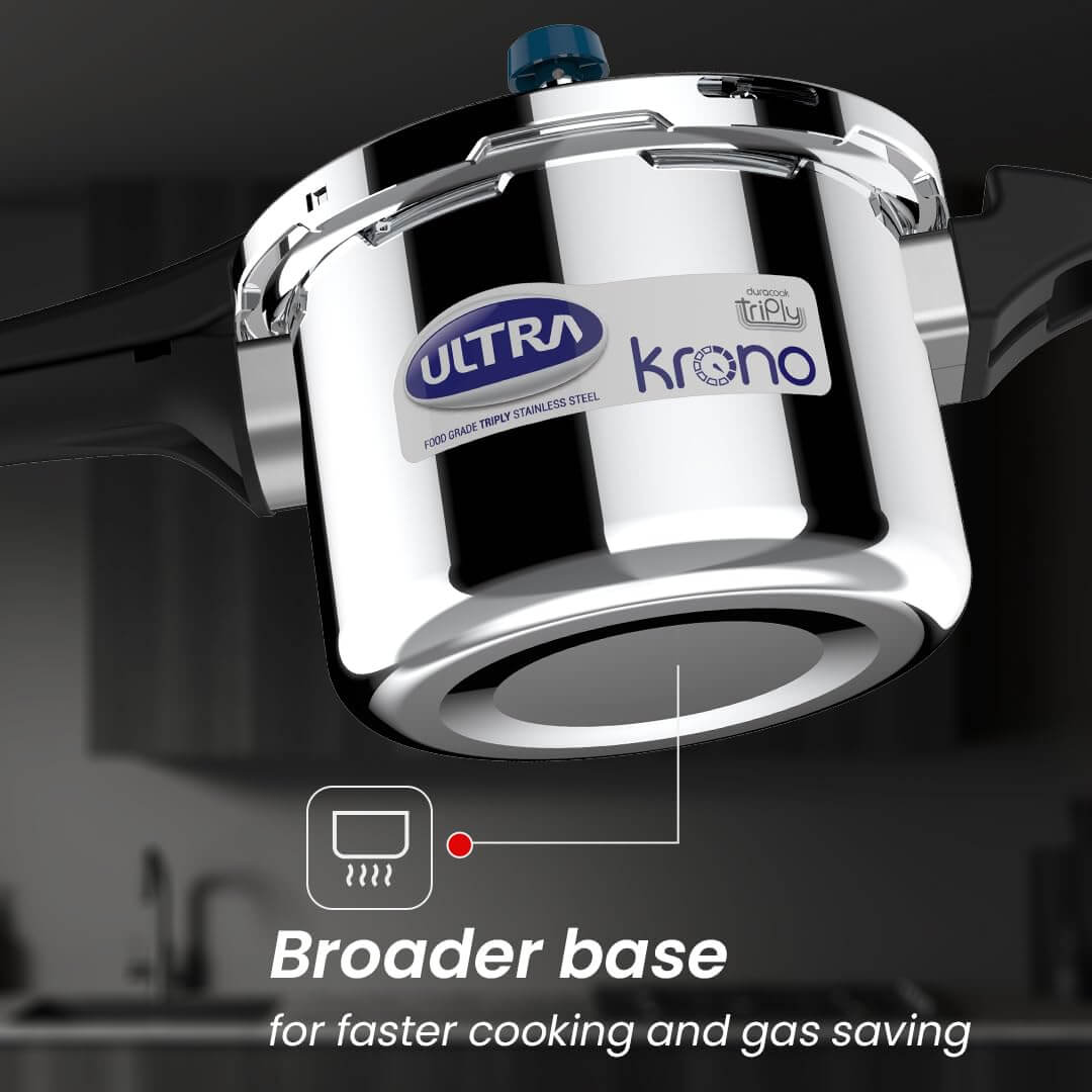 Ultra Triply Krono pressure cooker with broader base for faster cooking and gas saving, featuring AISI 304 stainless steel.