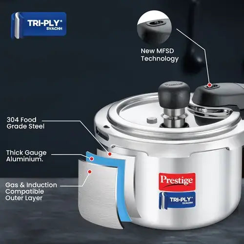 Prestige Svachh Triply Induction Base Outer Lid Pressure Cooker - Deep Lid, Spillage Control, 5-Year Warranty