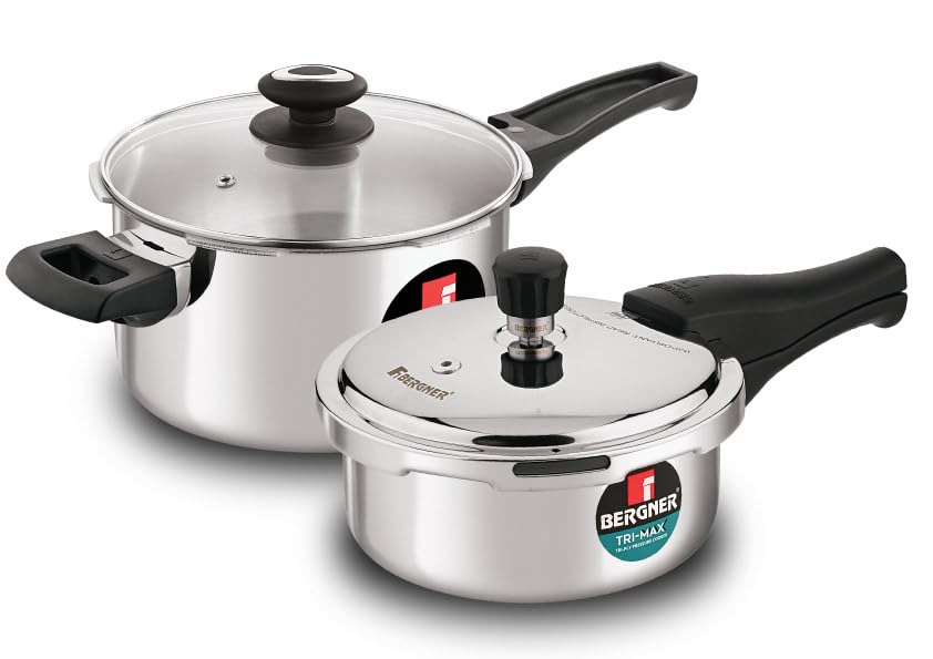 Bergner Trimax stainless steel pressure cooker combo with glass lid on white background