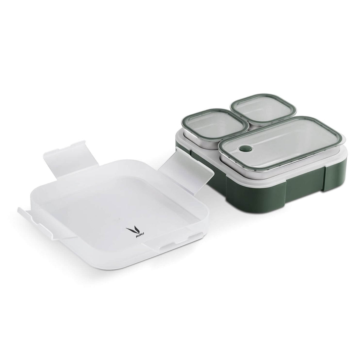 VAYA TYDBYT stainless steel lunch box with three compartments and airtight lids.