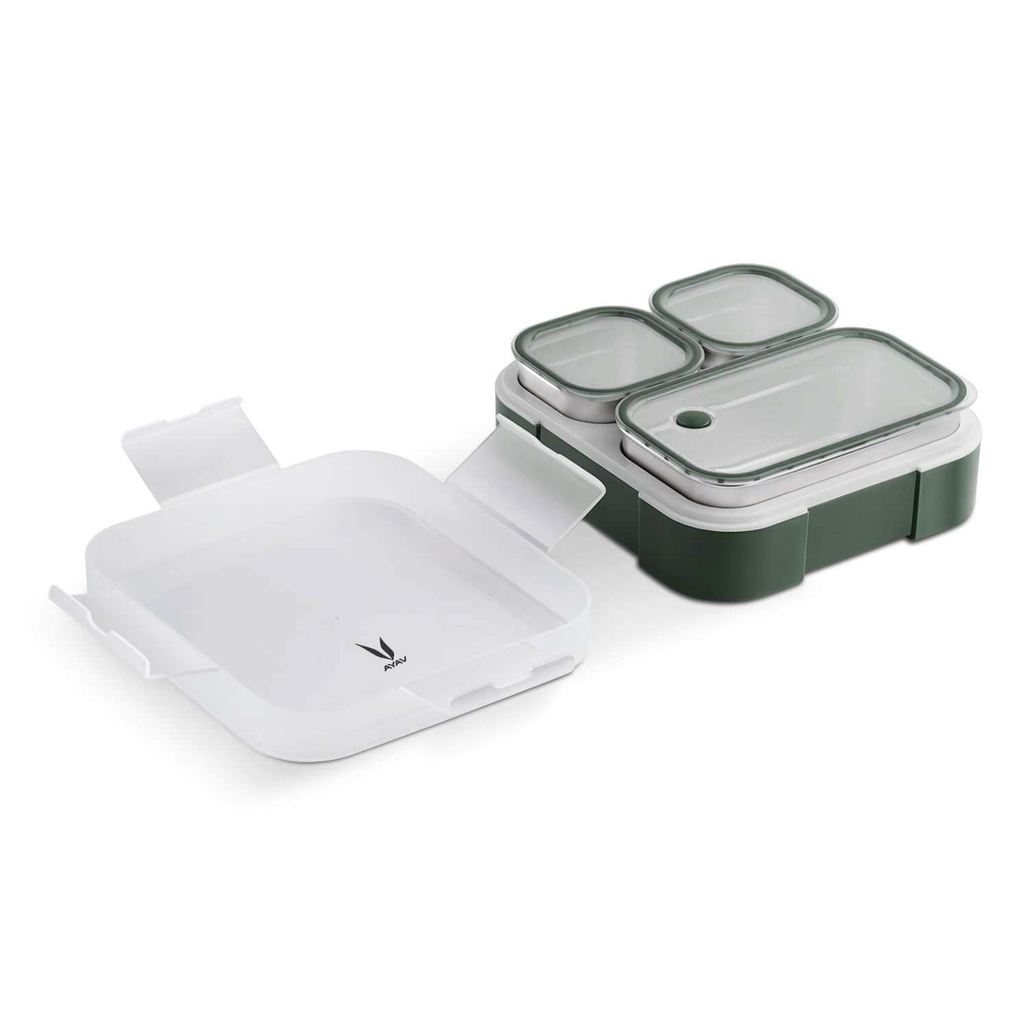VAYA TYDBYT stainless steel lunch box with three compartments and airtight lids.