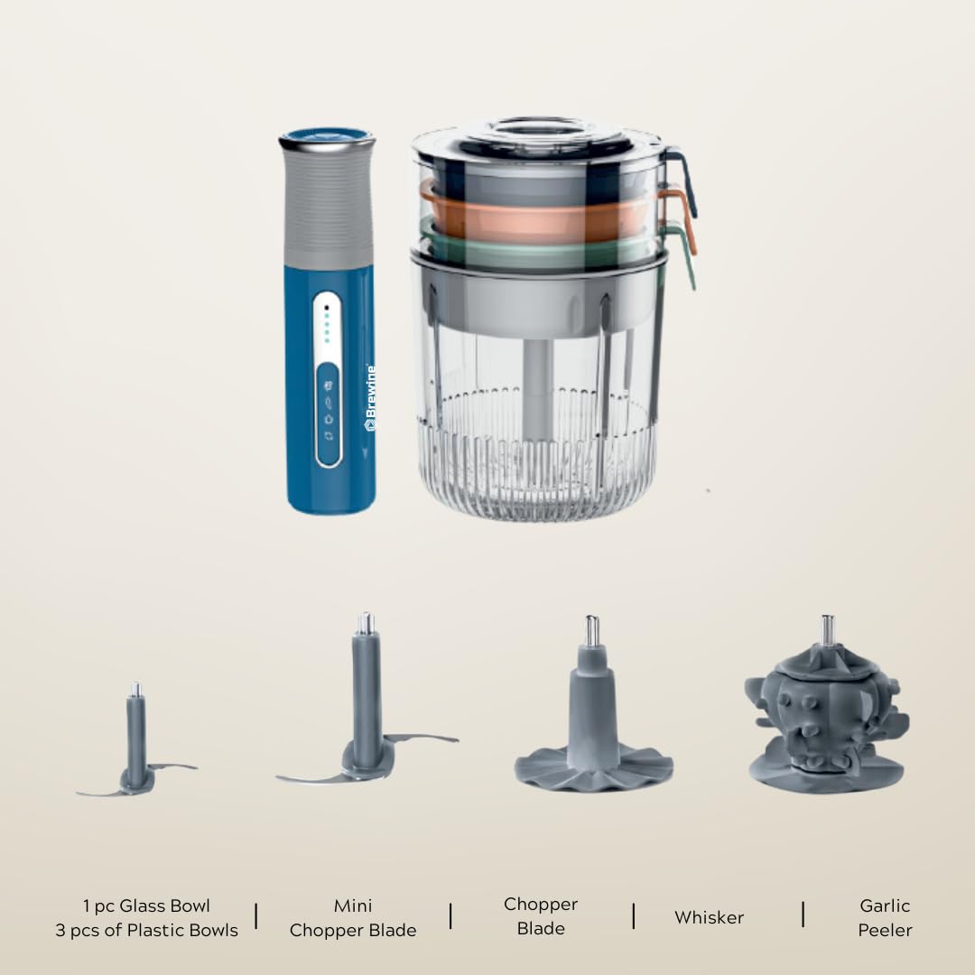 USB rechargeable mini food processor with stainless steel blades chopping colorful diced vegetables peppers onions cilantro in glass bowl