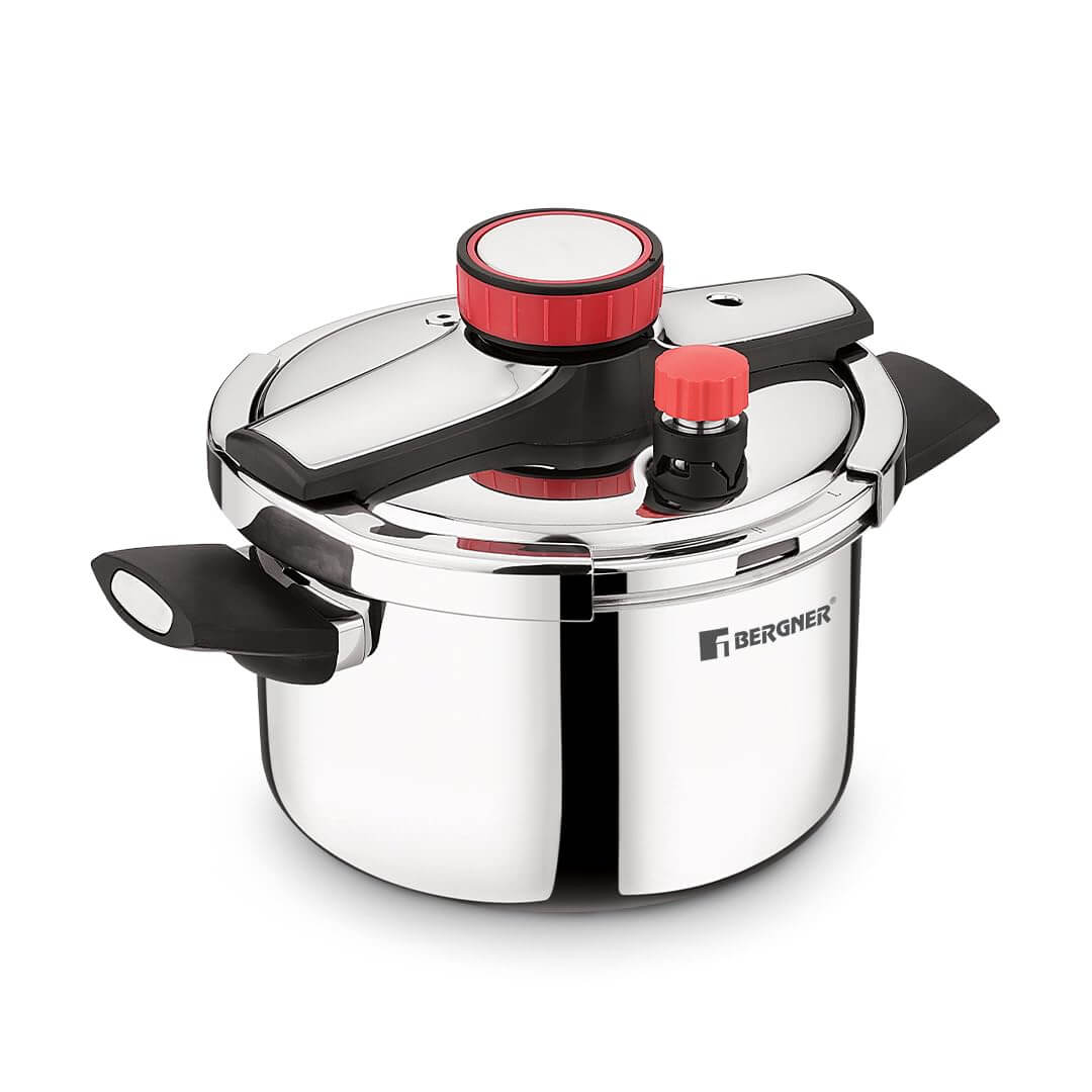 Bergner Capri 5 Litre Triply Pressure Cooker with safety lock system and silver finish